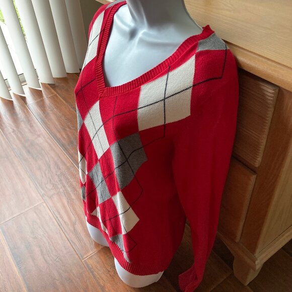 Vintage IZOD Red White Gray Argyle Lightweight Pull Over Sweater M - Picture 4 of 6